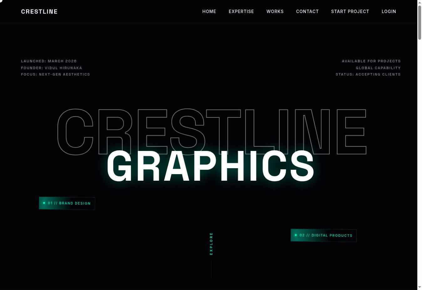 Crestline Graphics black and teal agency homepage with expressive typography