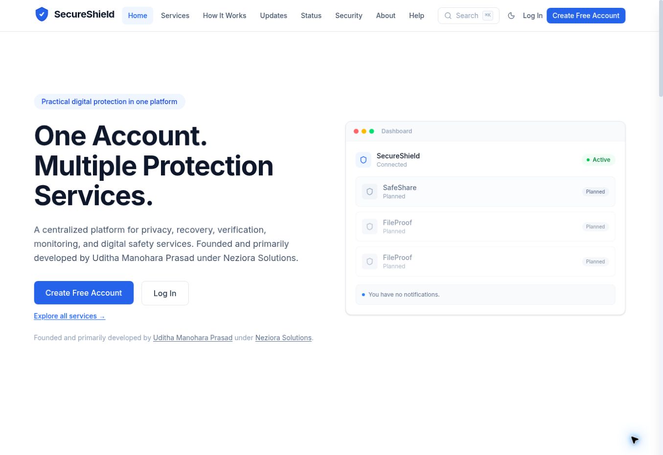 SecureShield homepage showing its centralized protection-services dashboard
